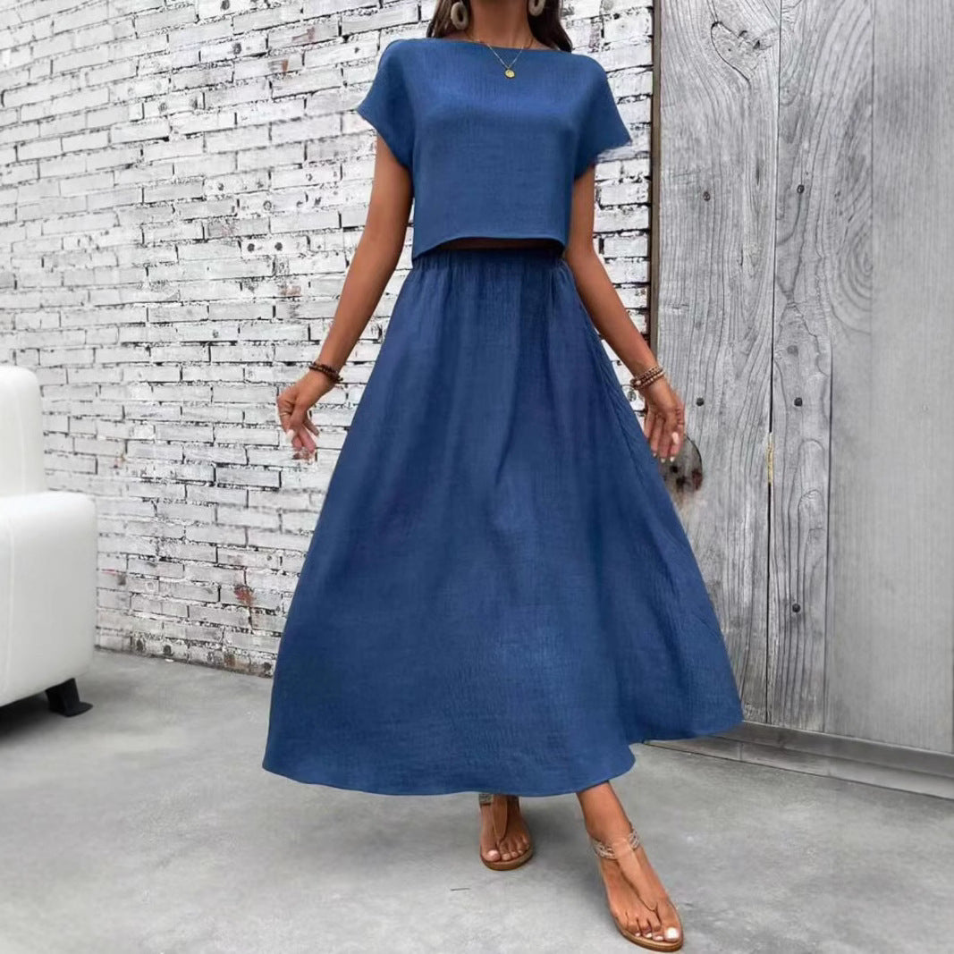 2 Piece Set Women's Solid Color Short Sleeve Top And Casual A- Line Dress Suit