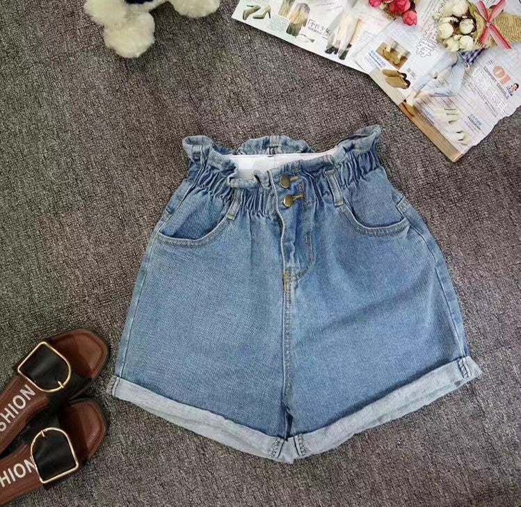 Calyx elastic waist denim shorts female summer high waist was thin student wide leg pants