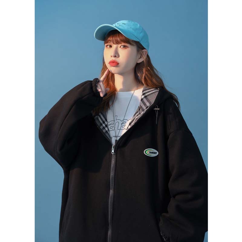 Unisex Color Matching Plaid Loose Long-sleeved Hooded Loose Double-sided Coat