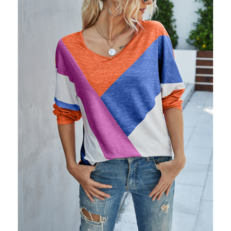 Fashion Printed Long-sleeved T-shirt V-neck Top