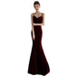 Robe de soirée sirène bordeaux à bretelles pour femme