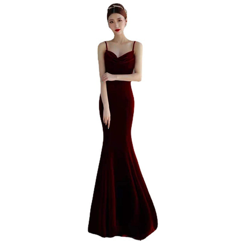 Robe de soirée sirène bordeaux à bretelles pour femme