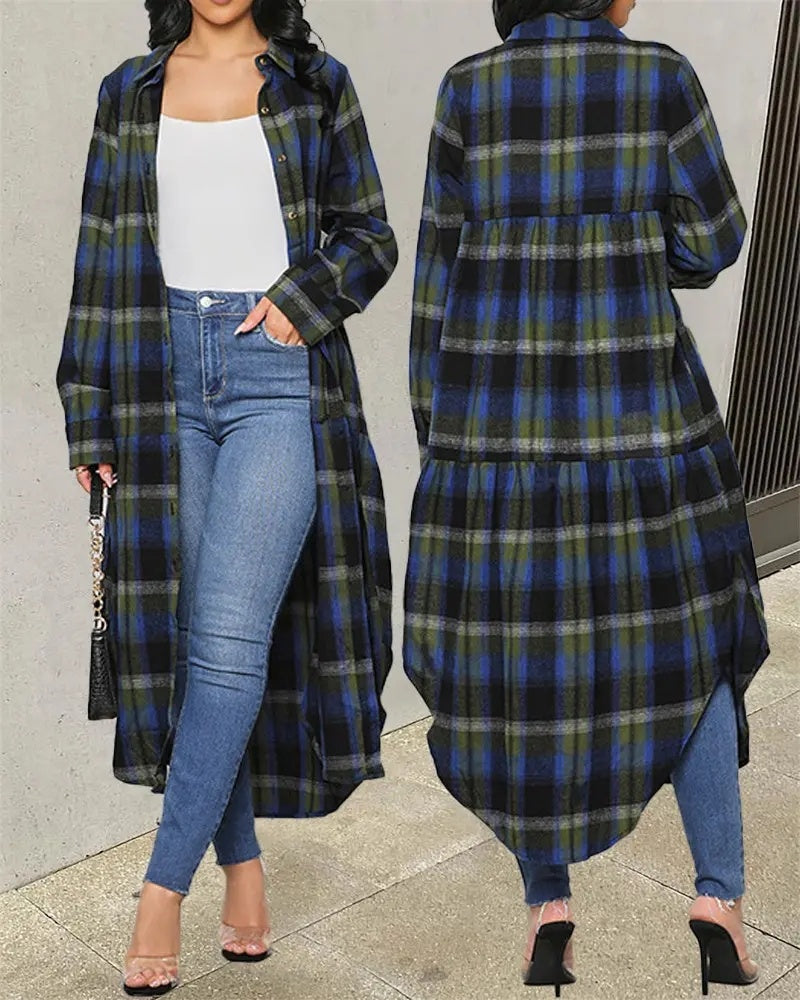 Fashion Plaid Button Pockets Long Sleeve Jacket Waist Coat
