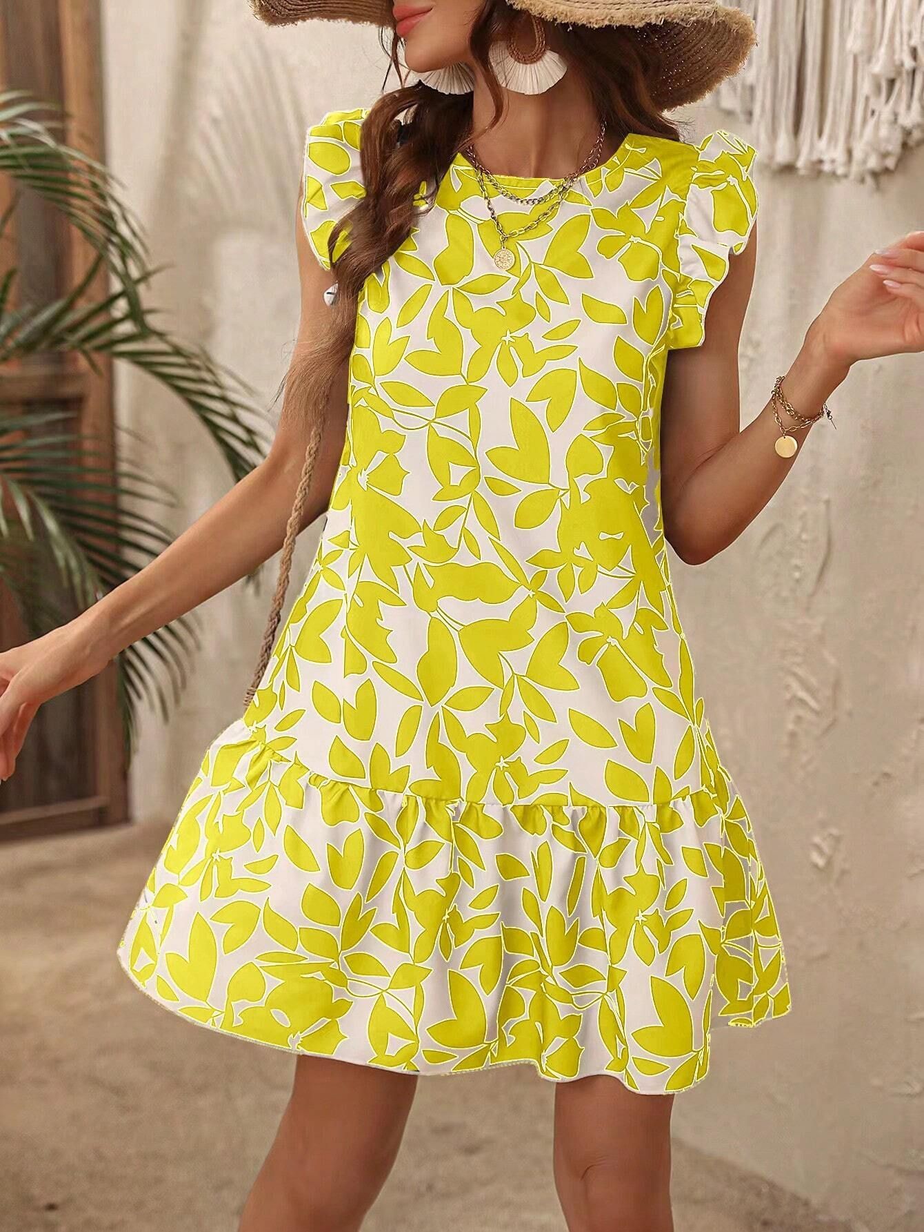 Women's Round Neck Printed Ruffles Dress