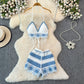 V-neck Fringe Vest High-waisted Hollowed-out Wide-leg Shorts Women's Suit