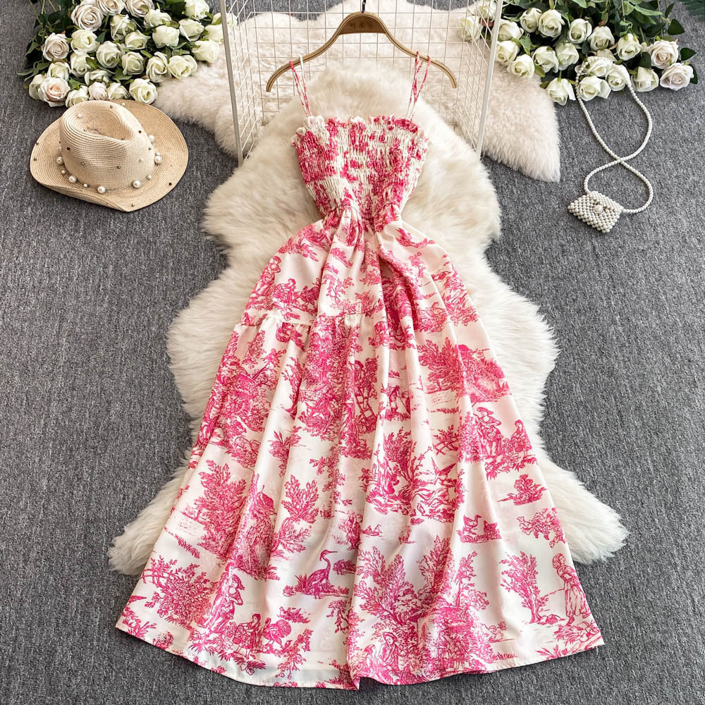 Womens Retro Chiffon Printed Backless Slip Dress