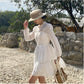 Robe blanche française à manches longues pour femme, style vacances
