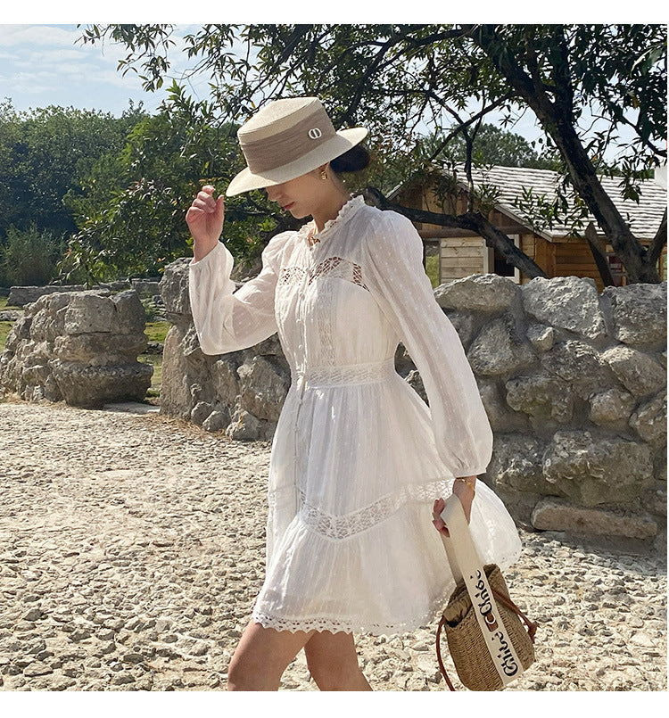 Robe blanche française à manches longues pour femme, style vacances