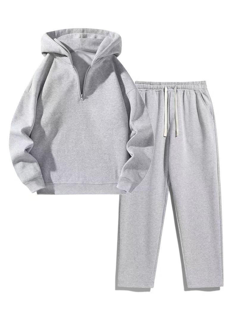 Women's Casual Lapel Half-zip Sweatshirt And Wide-leg Pants Set