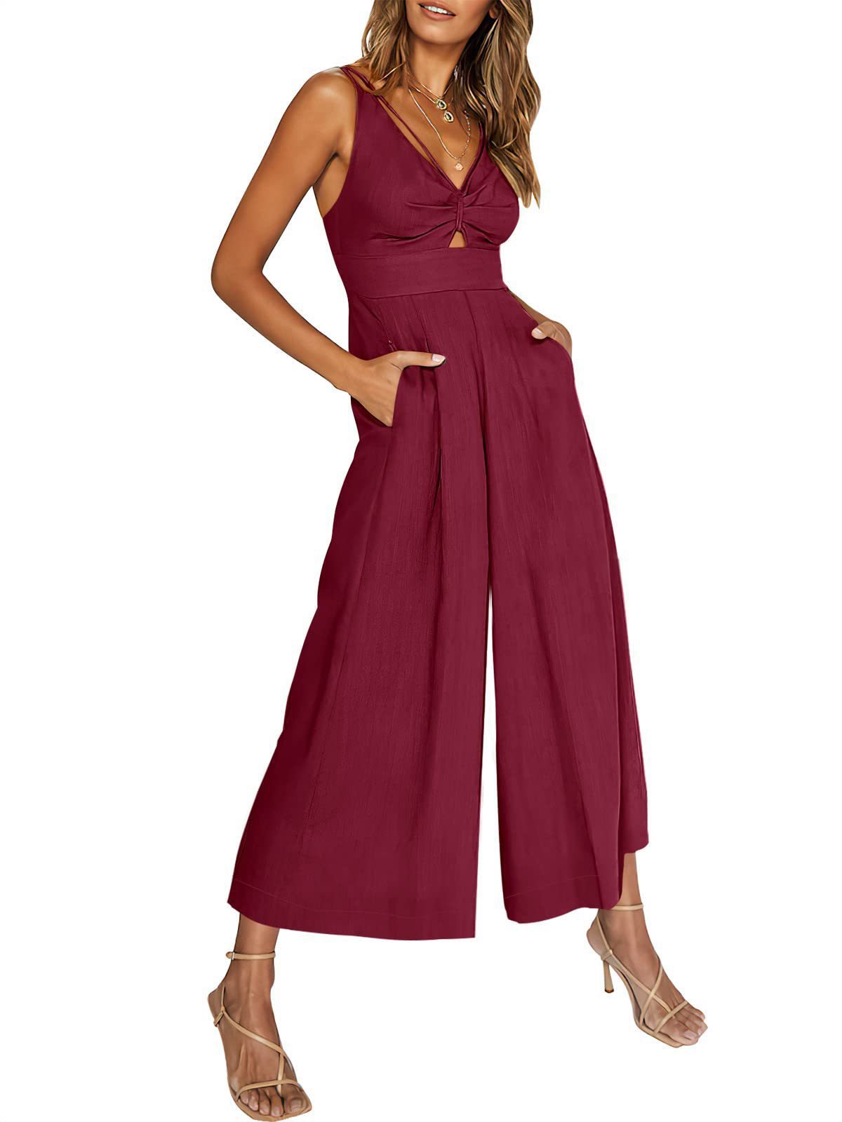 Combinaison d'été à col en V et bretelles ajourées, plissée, taille haute, jambes larges, poches pour femmes