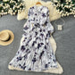 V-Neck Lace-Up Waist-Fitted Printed Chiffon Dress For Women