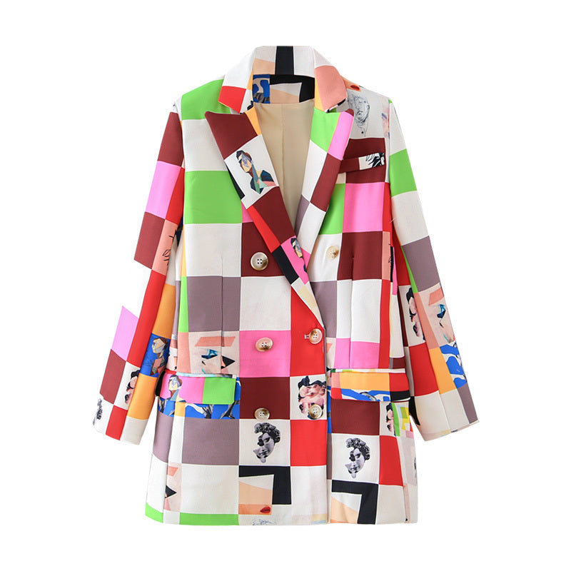 Women's New Graffiti Print Double Breasted Suit Jacket
