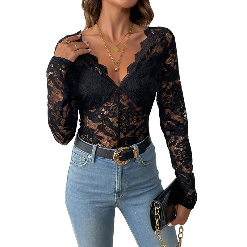 Elegant Graceful Solid Color Long Sleeve Lace Jumpsuit
