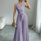 Suit Collar Bow Tie Belted Waist Pleated Jumpsuit