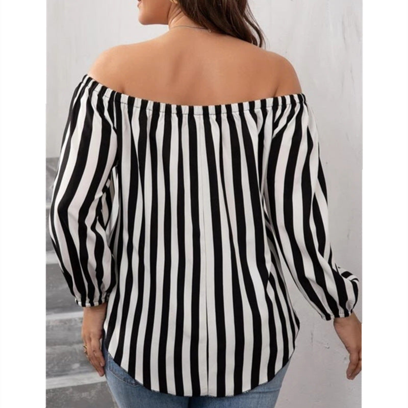 European And American Black And White Striped Fashion Off-shoulder Shirt