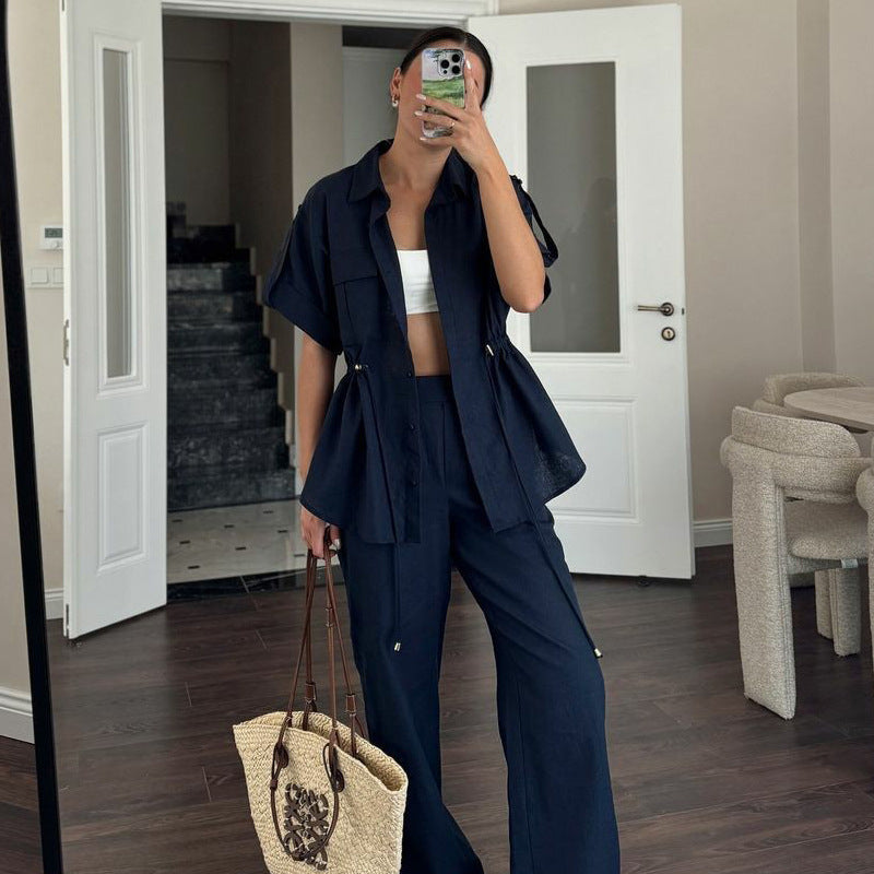 European And American Style Fashion Casual Set Women's Overalls Style Drawstring Pocket Two-piece Women's Clothing