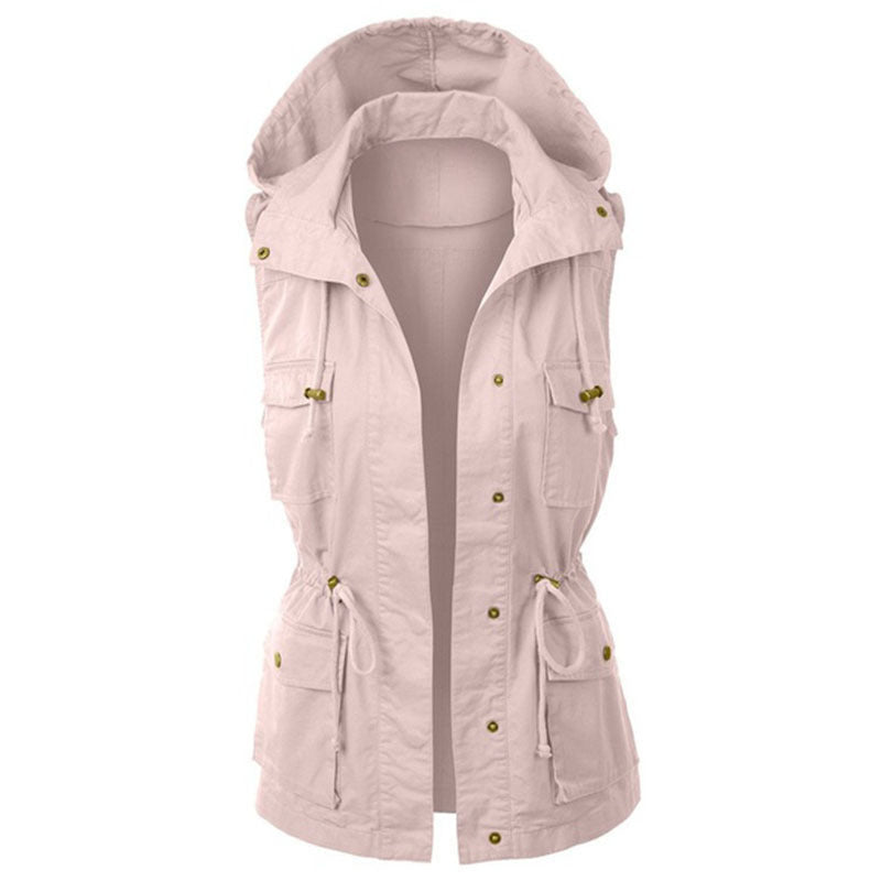 Women's Fashion Solid Color Work Vest Hooded Drawstring Coat