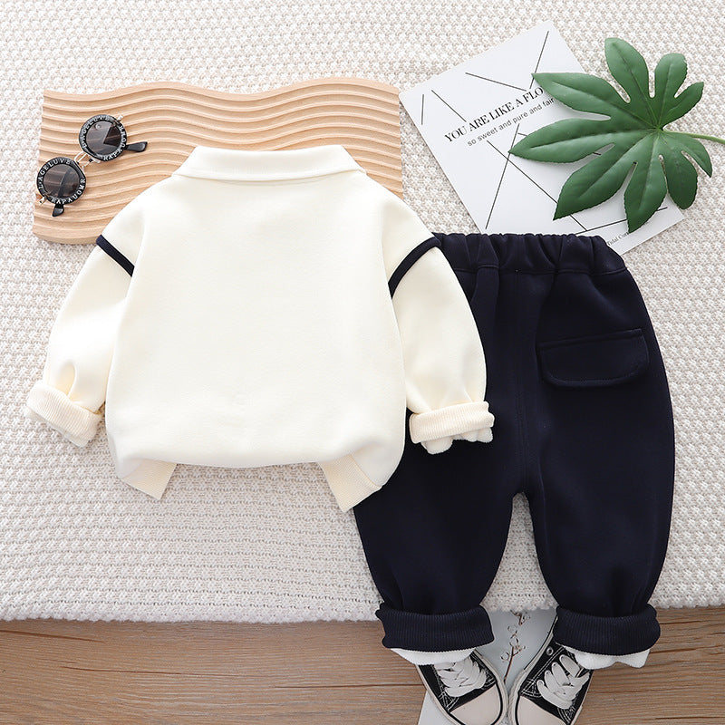 Korean Fleece-lined Two-piece Suit Baby Children Warm Suit