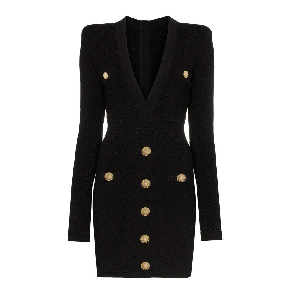 Knit Dress, Base Skirt, Temperament Was Thin, Solid Color V-Neck Long-Sleeved Hip Skirt