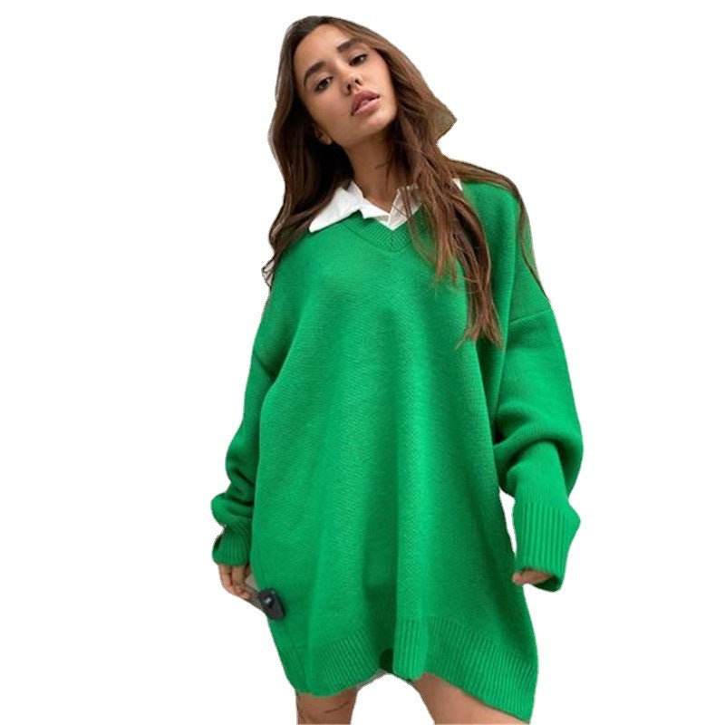 European And American Long-sleeved V-neck Casual Loose Knit Pullover