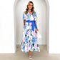 Robe trapèze à manches courtes et ceinture style bohème imprimée