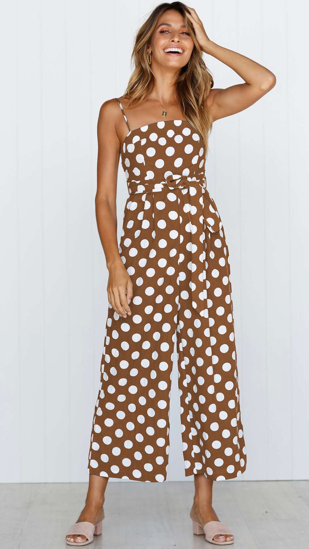 Sleeveless strapless polka dot long jumpsuit