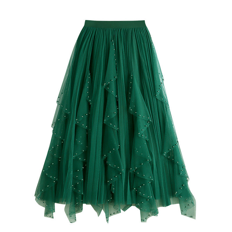 Jupe trapèze longue à ourlet large et maille irrégulière, nouvelle collection printemps et été, avec perles et strass