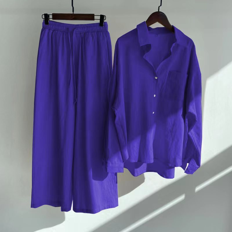 Ensemble 2 pièces rétro grande taille pour femme, chemise en coton et lin, pantalon ample taille haute