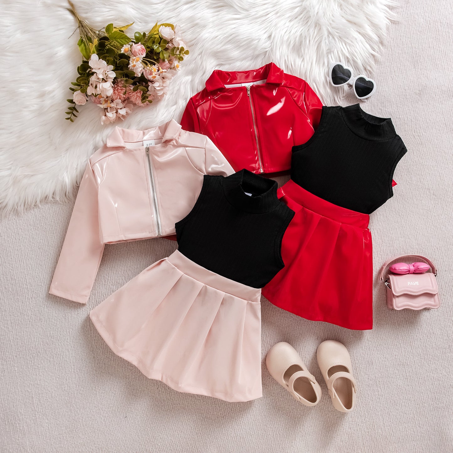Notched Lapel Leather Jacket With Pleated Skirt Three-piece Set
