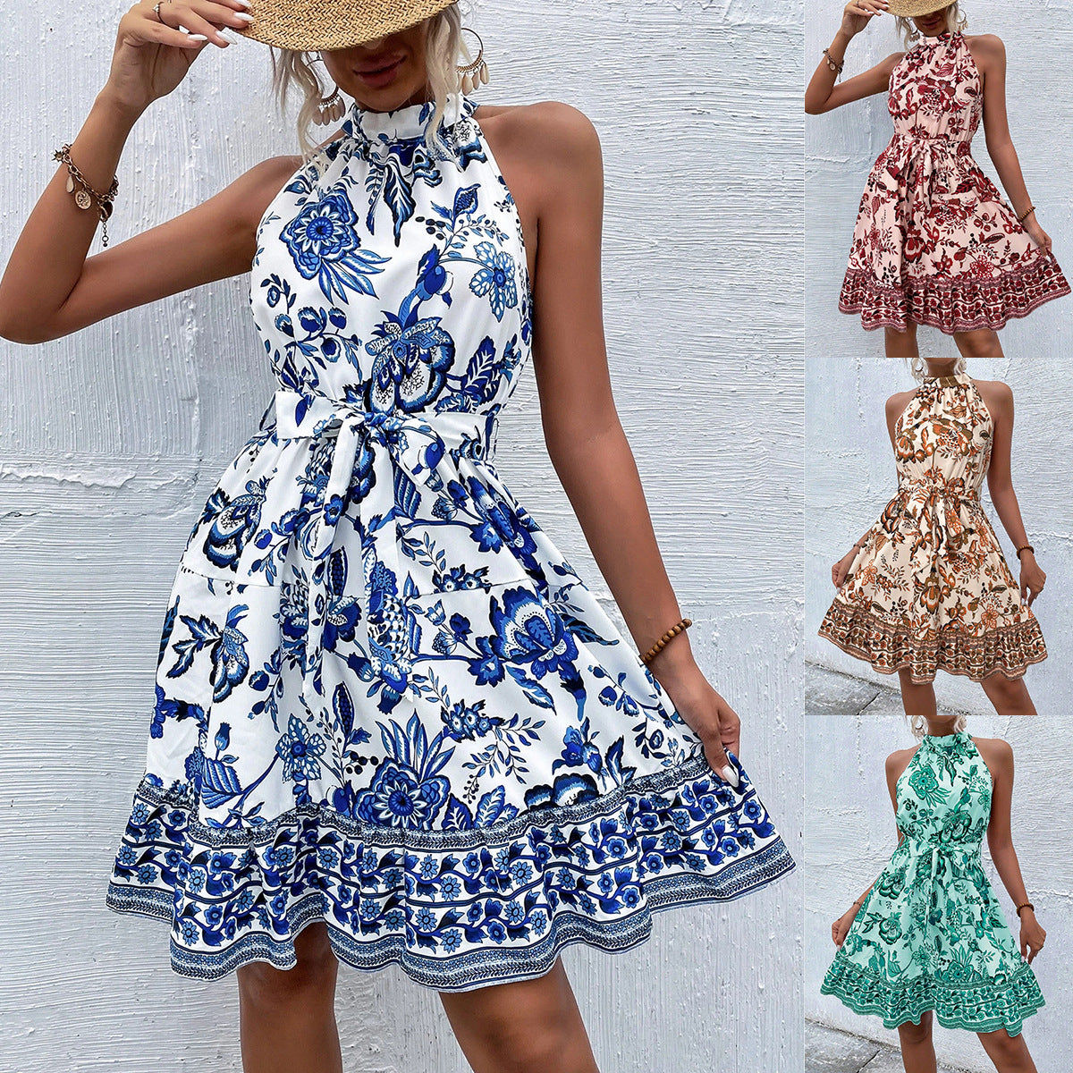 Fashion Floral Halter Waist Ladies Dress