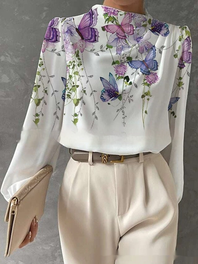 Half Turtleneck Lantern Sleeve Printed Top