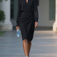 Temperament Pure Color Pleated Waist Tight Round Neck Hollow Dress