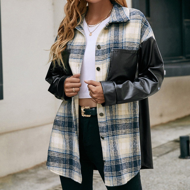 Loose Plaid Color Matching Shirt Casual Double Pocket Plaid PU Stitching Shirt Jacket Jacket