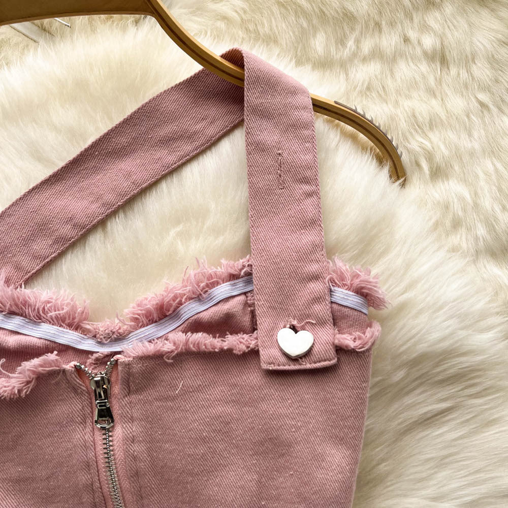 Tenue élégante rose pour fille sexy, vêtements d'extérieur, haut bandeau à bretelles, jupe irrégulière, costume deux pièces élégant