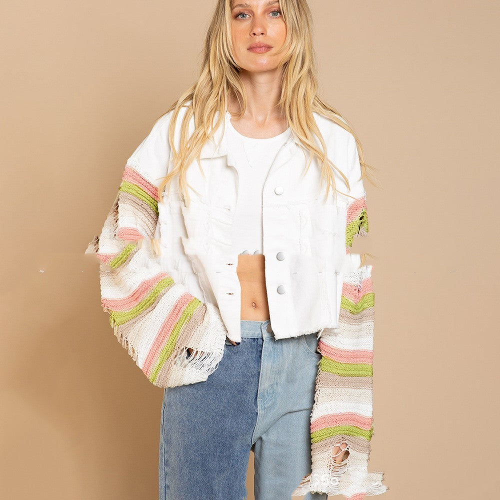 Fall Winter Cowboy Patchwork Knitting Coat Female Rainbow Ripped Long Sleeves Cropped Jacket