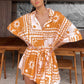 Women's Printed Lace Up Waist-tight Cardigan 5-point Sleeve One-piece Shorts