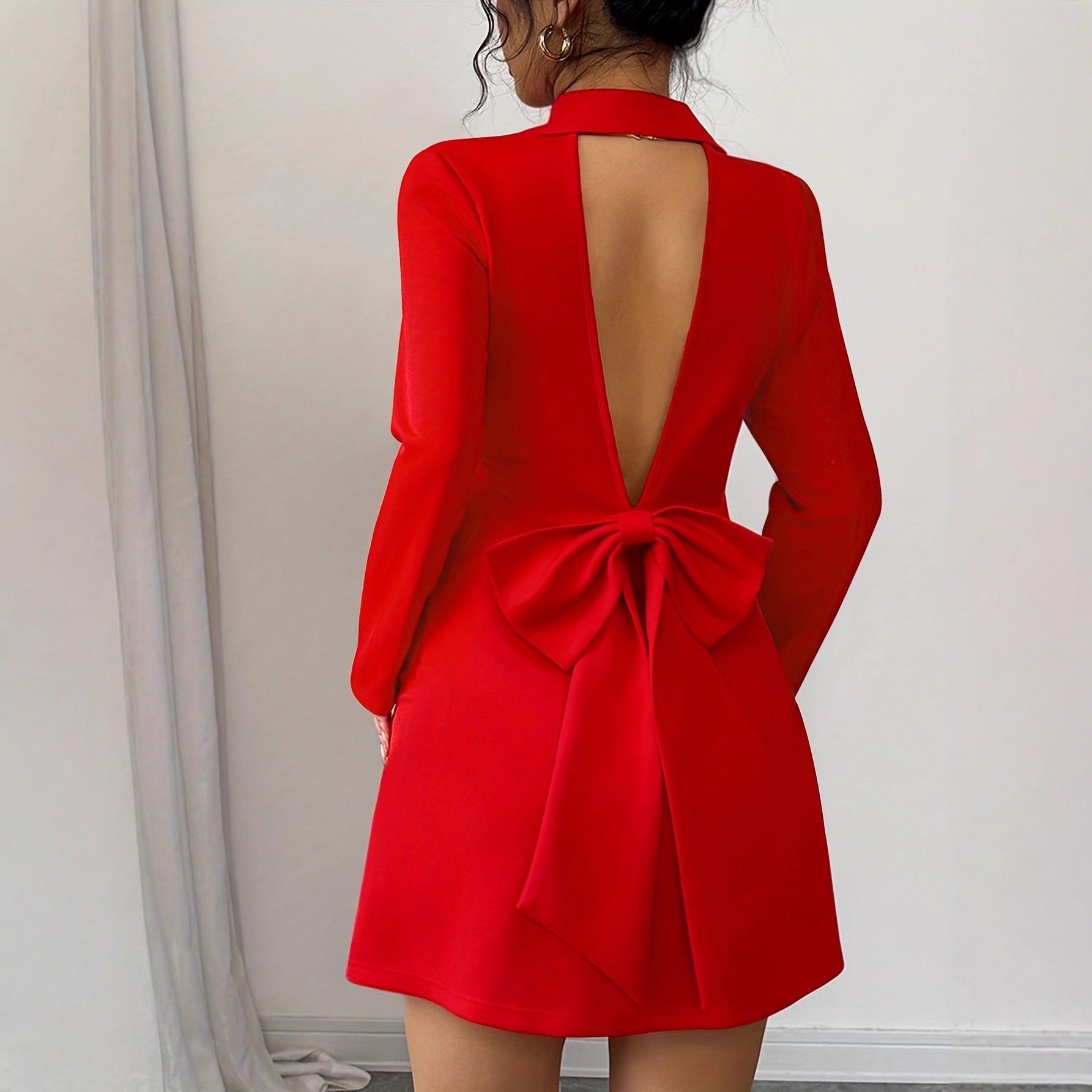V-neck Backless Bow-knot Short Sleeve Mini Dress