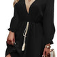 Solid Color Long Sleeve Lace V-neck Tight Waist Dress