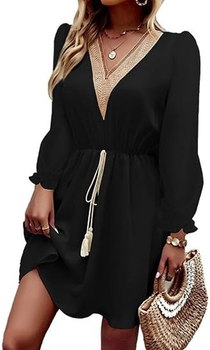 Solid Color Long Sleeve Lace V-neck Tight Waist Dress