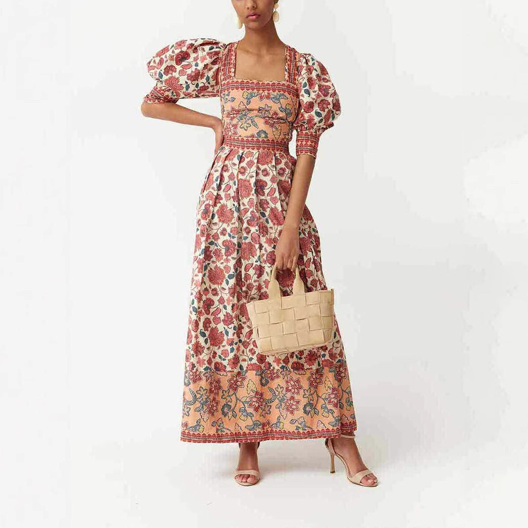 Casual Print Top Square Collar Skirt Two-piece Suit