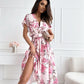 V-neck Lace-up Printed Dress