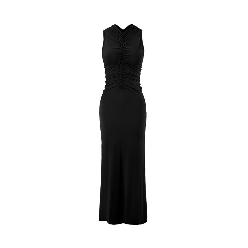 Sleeveless Pleated Elegant Solid-color Maxi Dress