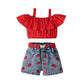 Sling Off-neck Solid Color Top Denim Shorts Suit