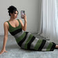 Striped Contrast Color Suspender U-neck Dress Long Knitted Dress