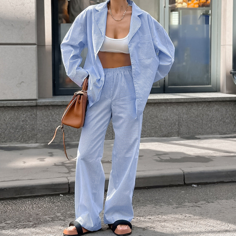 Casual Striped Commuter Lapel Long Sleeve Mop Trousers Suit