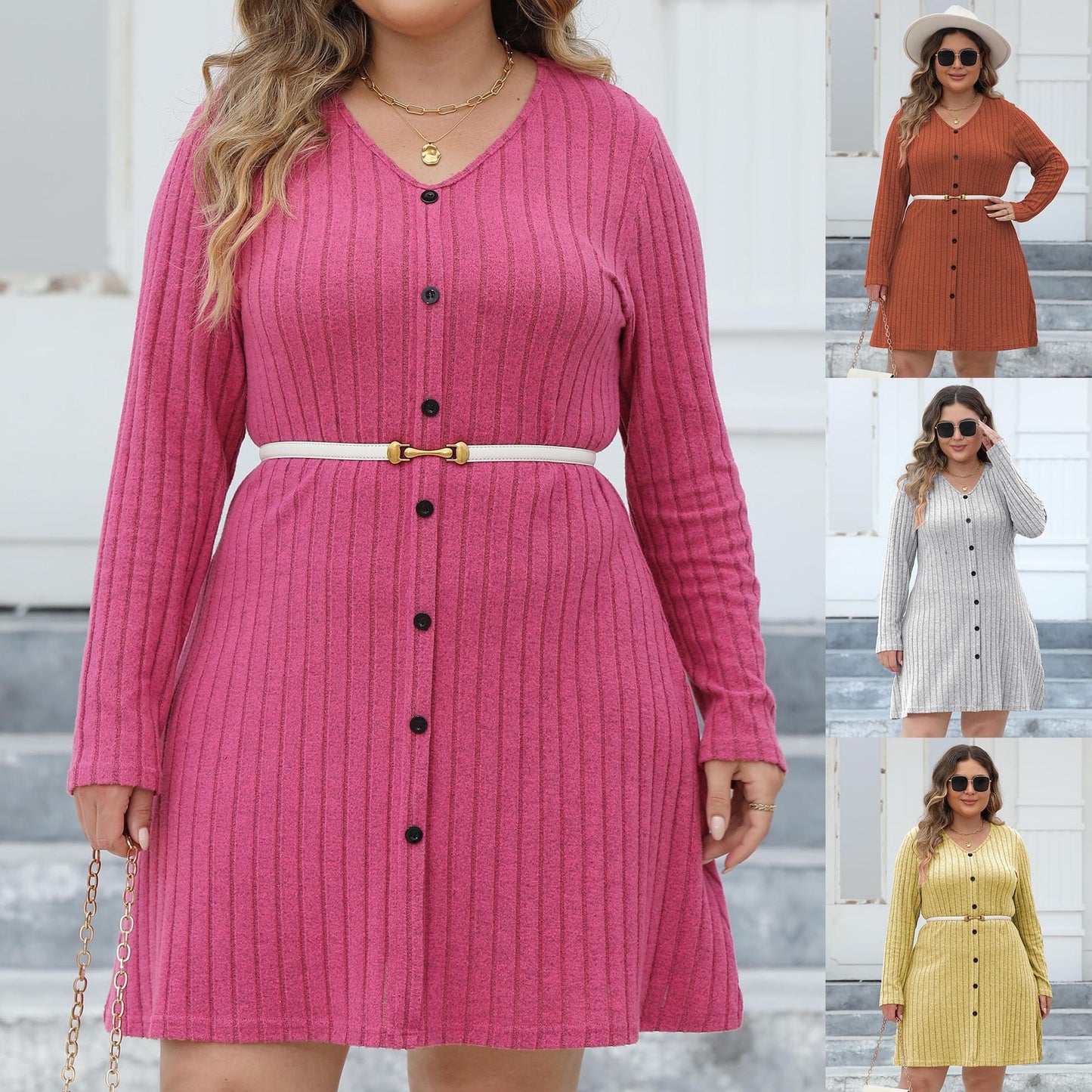 Women's Plus Size Button Deep V Stripe Dress