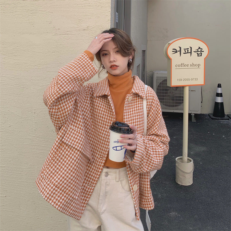 Houndstooth Yuan Orange Complexion Lapel Thick Underwear Women