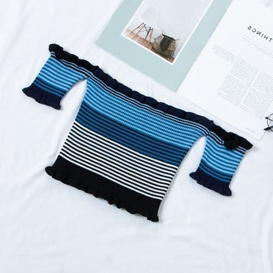 Pull en tricot à manches courtes pour femme avec col à mot près des oreilles en bois