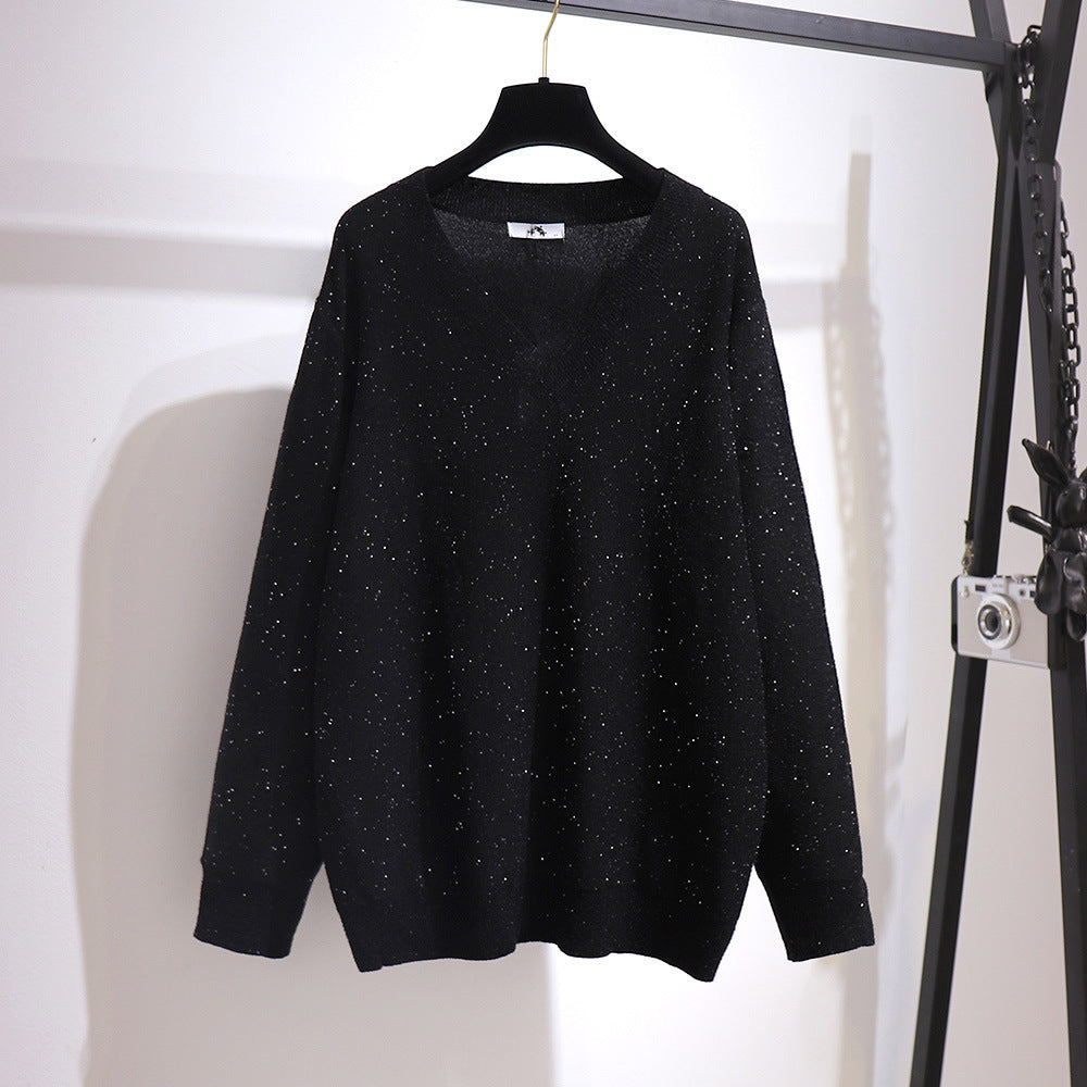 Fat Sister V-neck Sweater Korean Style Gold Velvet Skirt