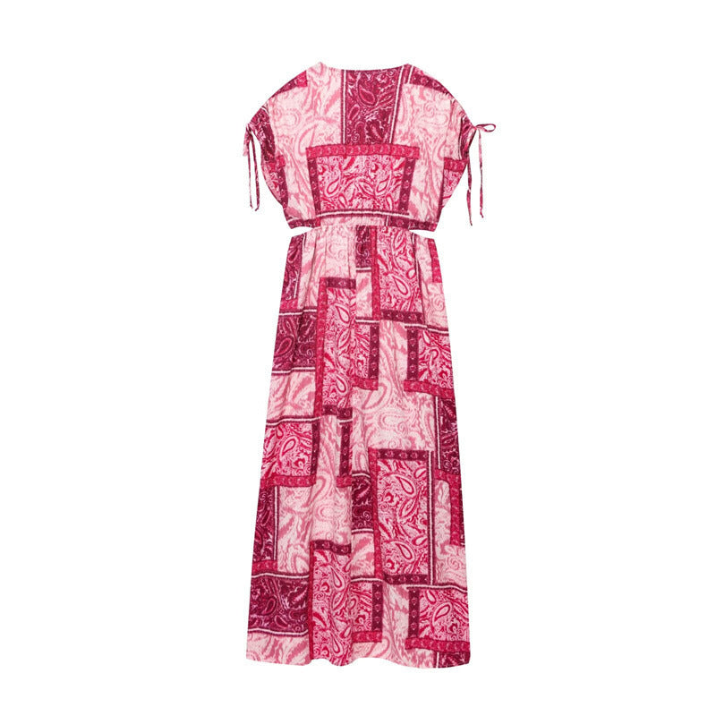 V-neck Hollow Midriff Outfit Patchwork Printed Short Sleeve Dress